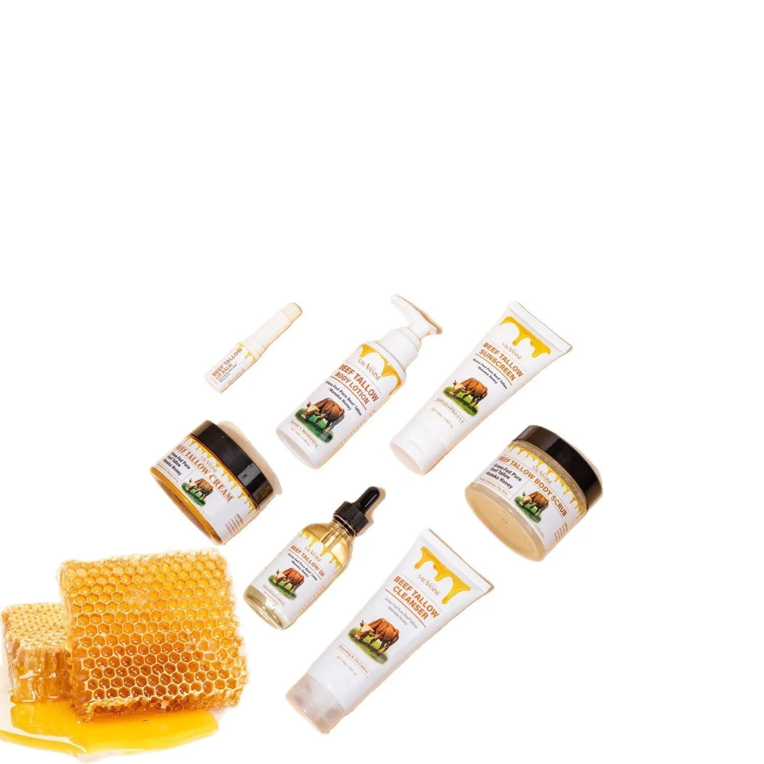 Butter honey seven-piece skincare set with facial cleanser, face cream, lipstick, protective cream, body lotion, facial scrub and beef fat
