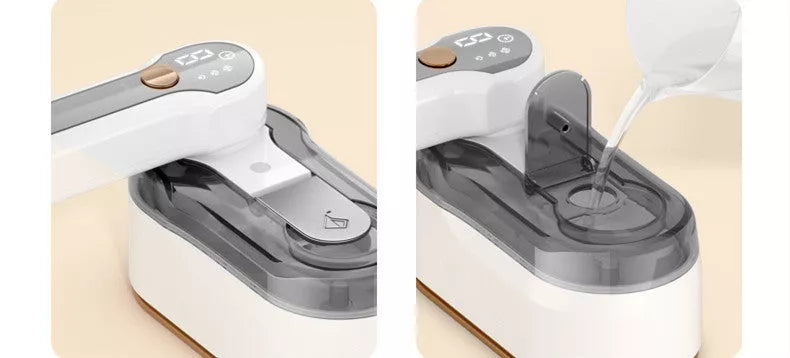 Gray handheld garment steamer with 1200W power and 3-step thermostat