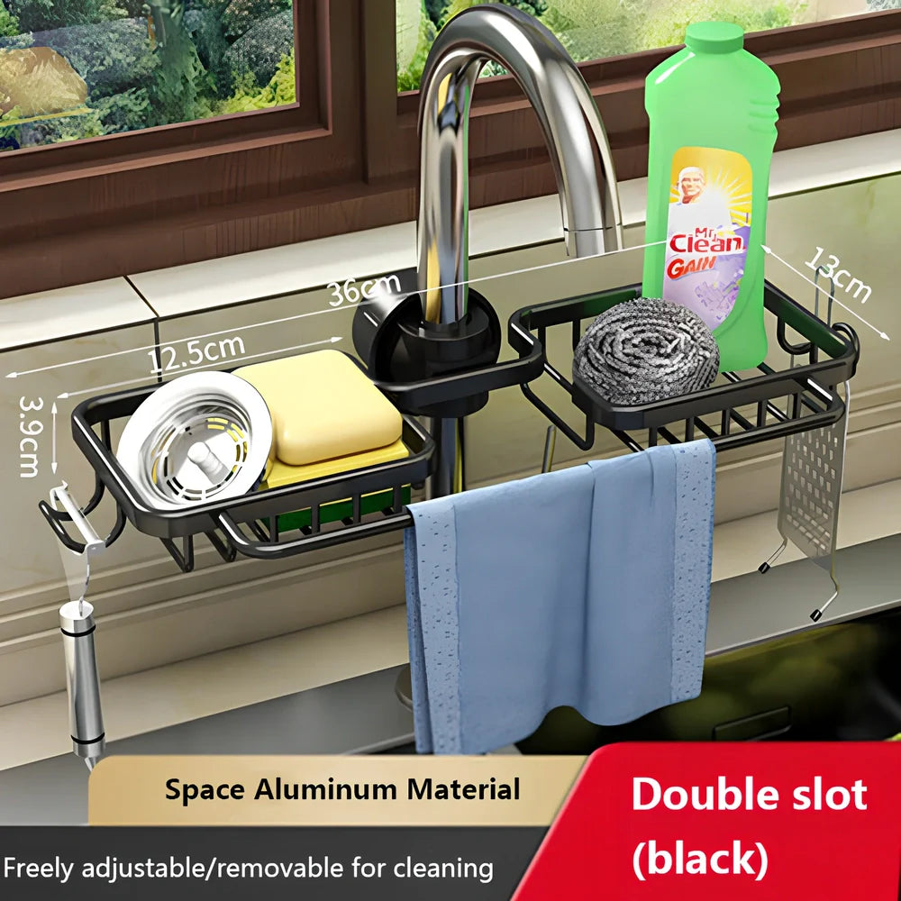 Silver aluminium kitchen storage rack with two tiers and towel rail for utensil organisation