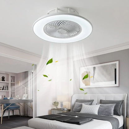 Smart ceiling fan light with invisible blades and LED lighting in white finish