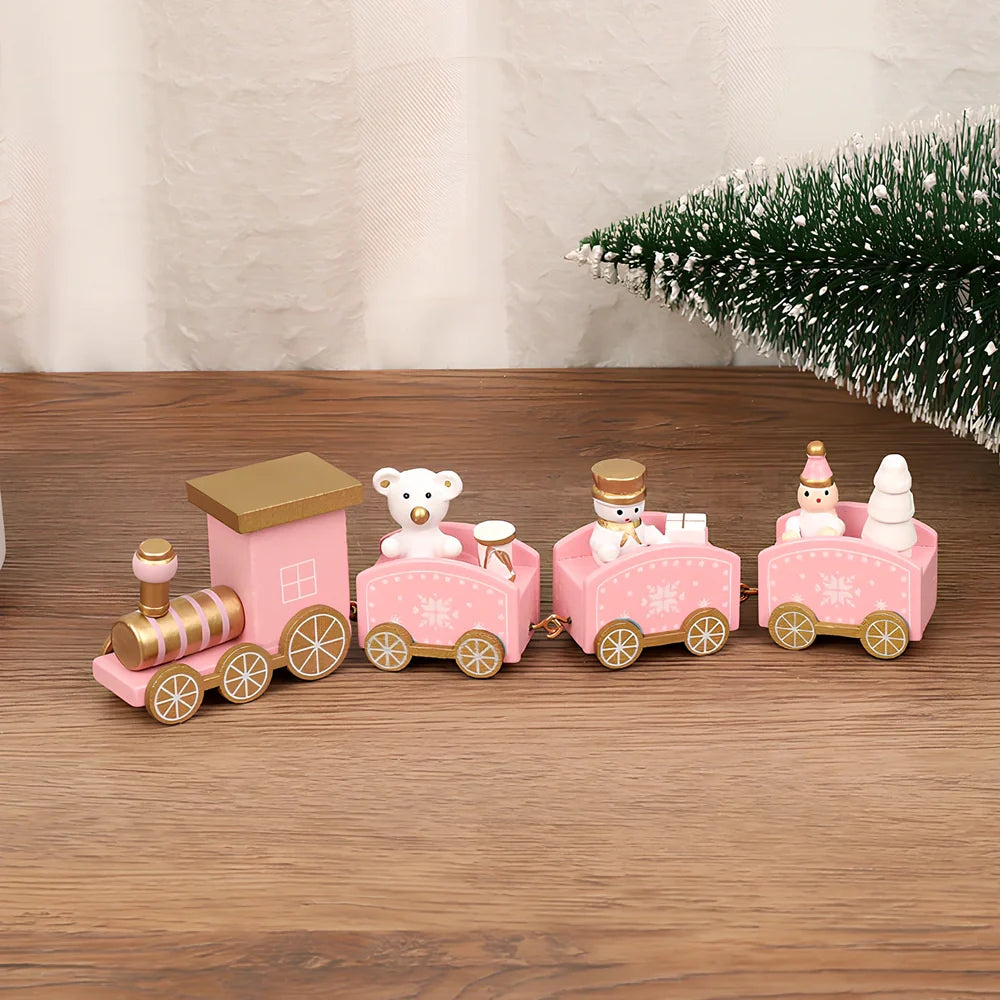 Christmas wooden train window decoration with manual craftsmanship and cartoon styling