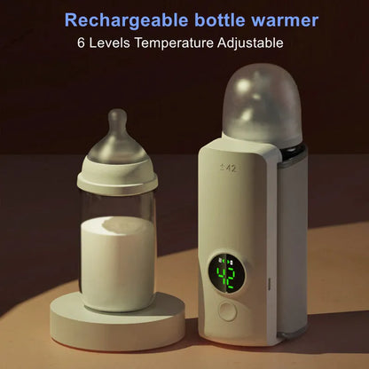 Grey non-woven portable baby bottle warmer with USB charging cable showing wrap-around design for universal bottle fit