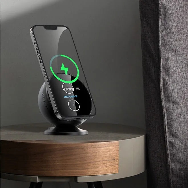 XC-11 black wireless phone charger holder with Bluetooth speaker, dimensions 123x114x101mm
