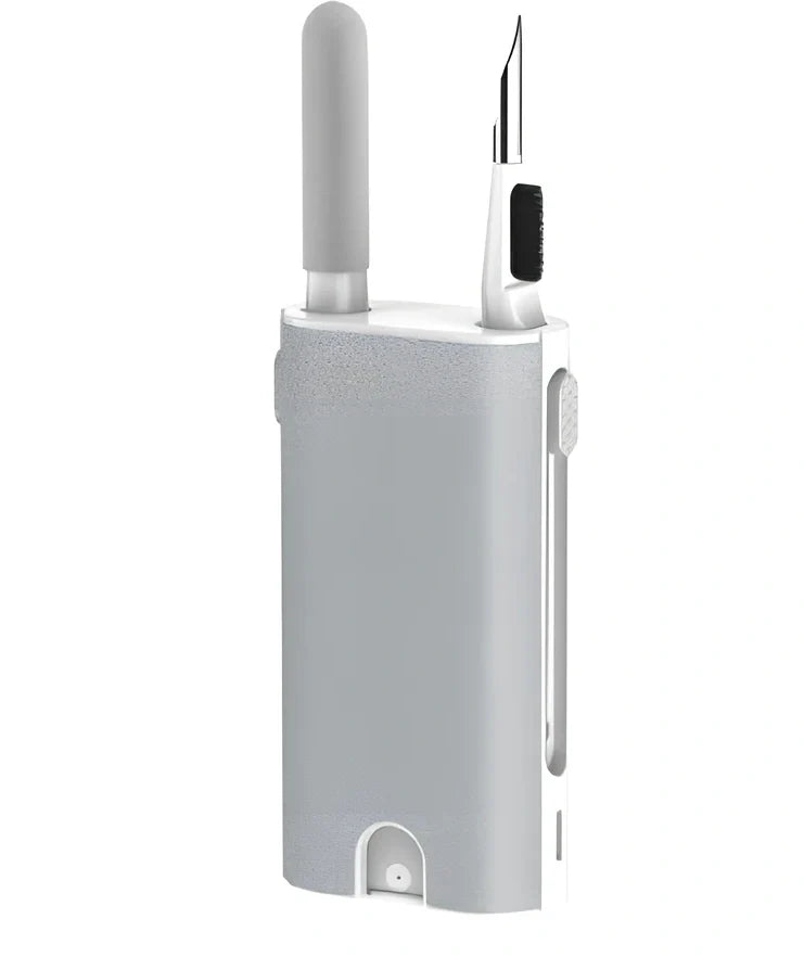White 5-in-1 cleaning pen kit with sponge brush metal tip and microfiber cloth for earphones phones and screens 3.8x7.5x1.8 cm