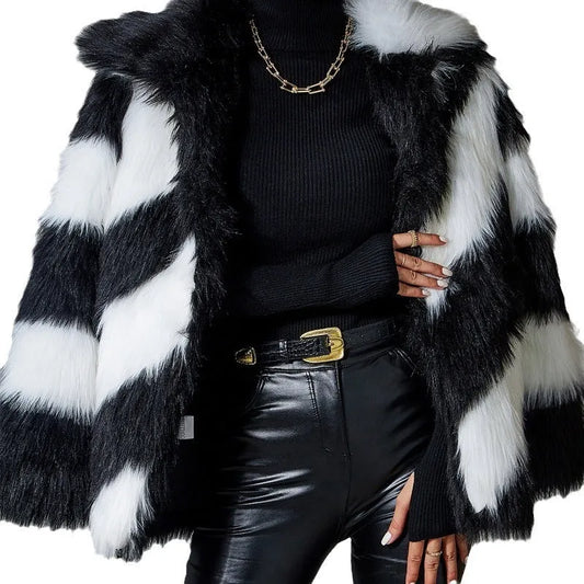 Lapel contrast colour faux fur coat with detachable fur collar, shown in picture colour, regular sleeves.