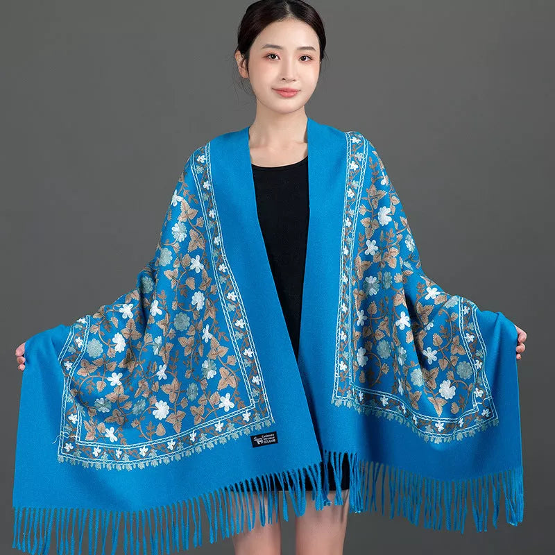 Embroidered shawl with thick fringed edges in various colors