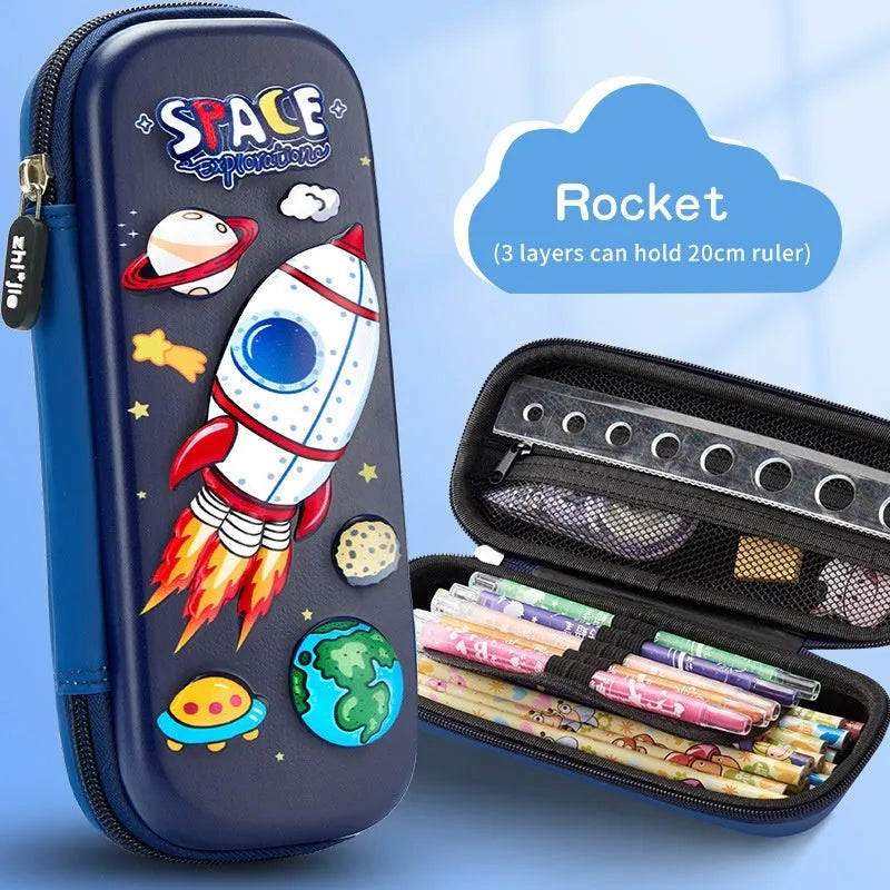 Leather 3D pencil case showing design themes: dinosaur, astronaut, mermaid, unicorn, and spaceship.