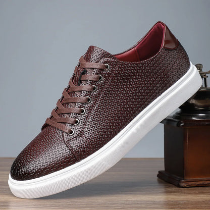 Men's black low-top business shoe with artificial PU leather upper and rubber sole.