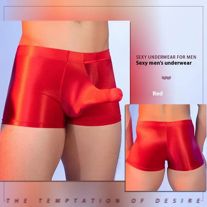 Men's red animal print seamless nylon boxer shorts with mid-waist and hip-lift design on a grey background.