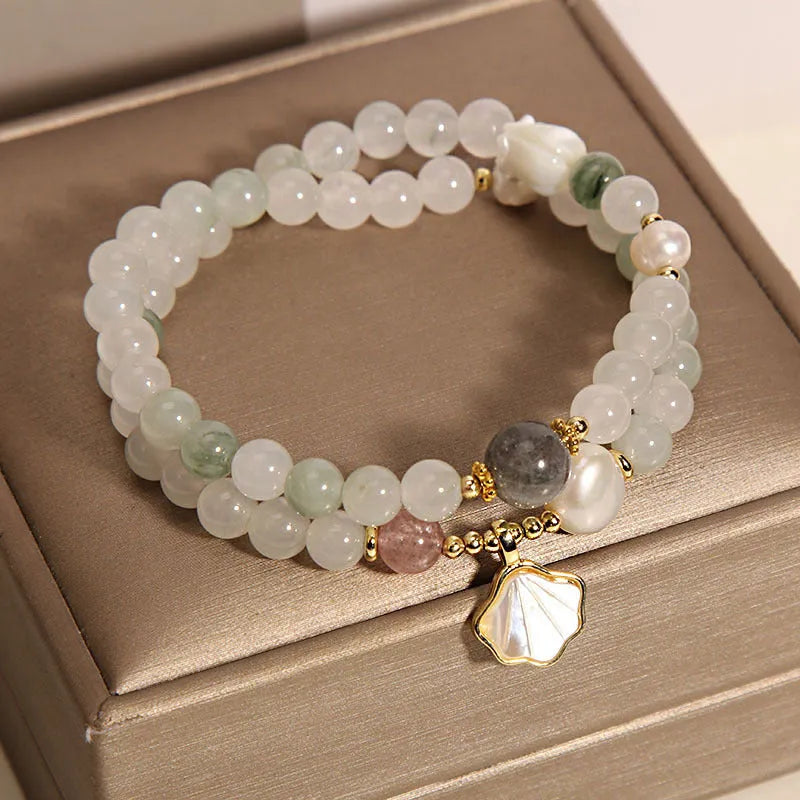 Tianshan emerald green jade ginkgo leaf pendant crystal bracelet with gold-plated accents