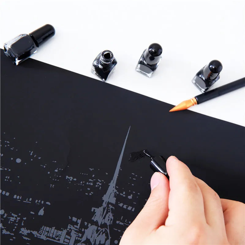 Scratch art repair kit with scraper pen, repair solution, brush, small scraper, and bamboo stick components