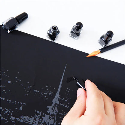 Scratch art repair kit with scraper pen, repair solution, brush, small scraper, and bamboo stick components