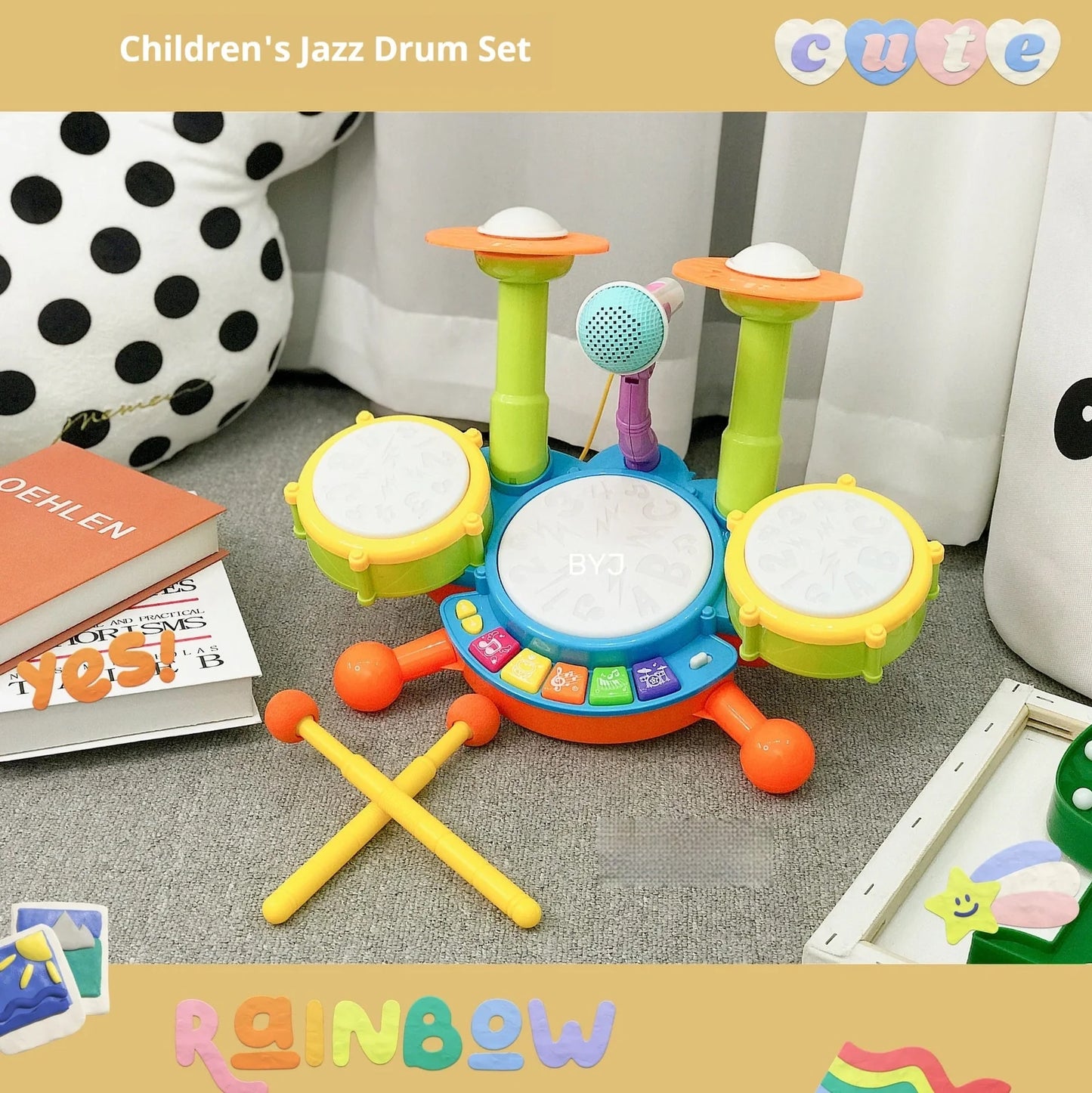 Yellow plastic children's hand-tapping drum toy with electronic sound activation