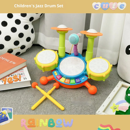 Yellow plastic children's hand-tapping drum toy with electronic sound activation