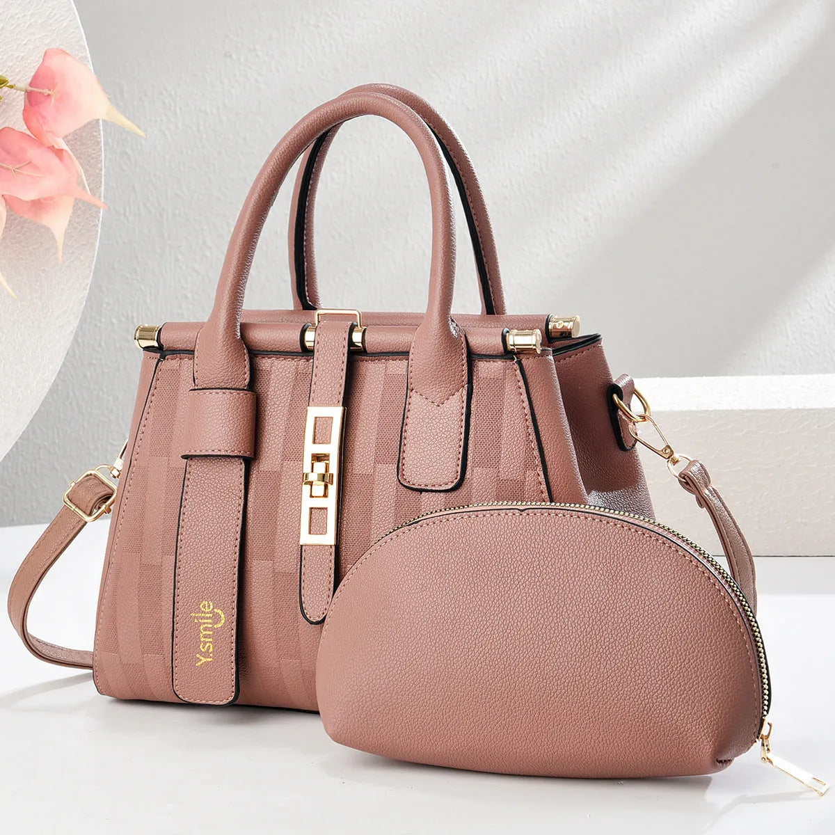 Round black PU leather crossbody handbag with adjustable shoulder strap showing interior and dimensions