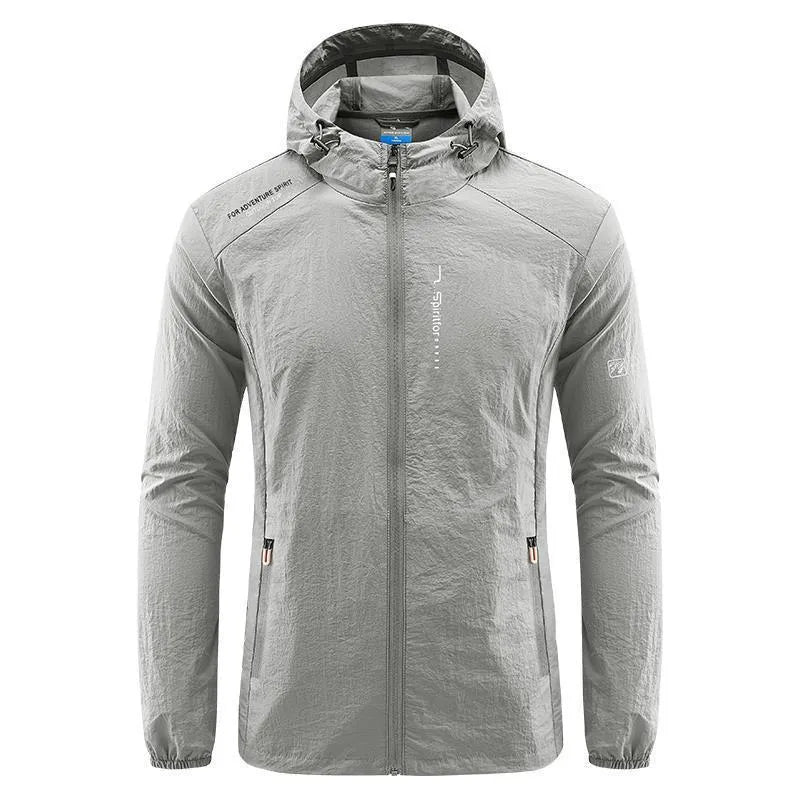 Light grey men's hooded nylon summer jacket on a hanger, loose fit.