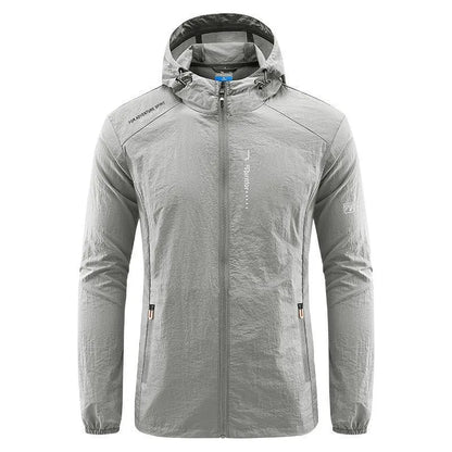 Light grey men's hooded nylon summer jacket on a hanger, loose fit.