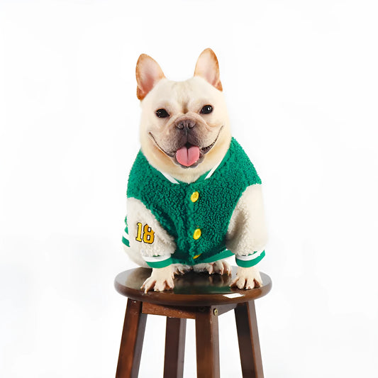 Green cotton dog winter coat with fleece lining, shown in a large size.