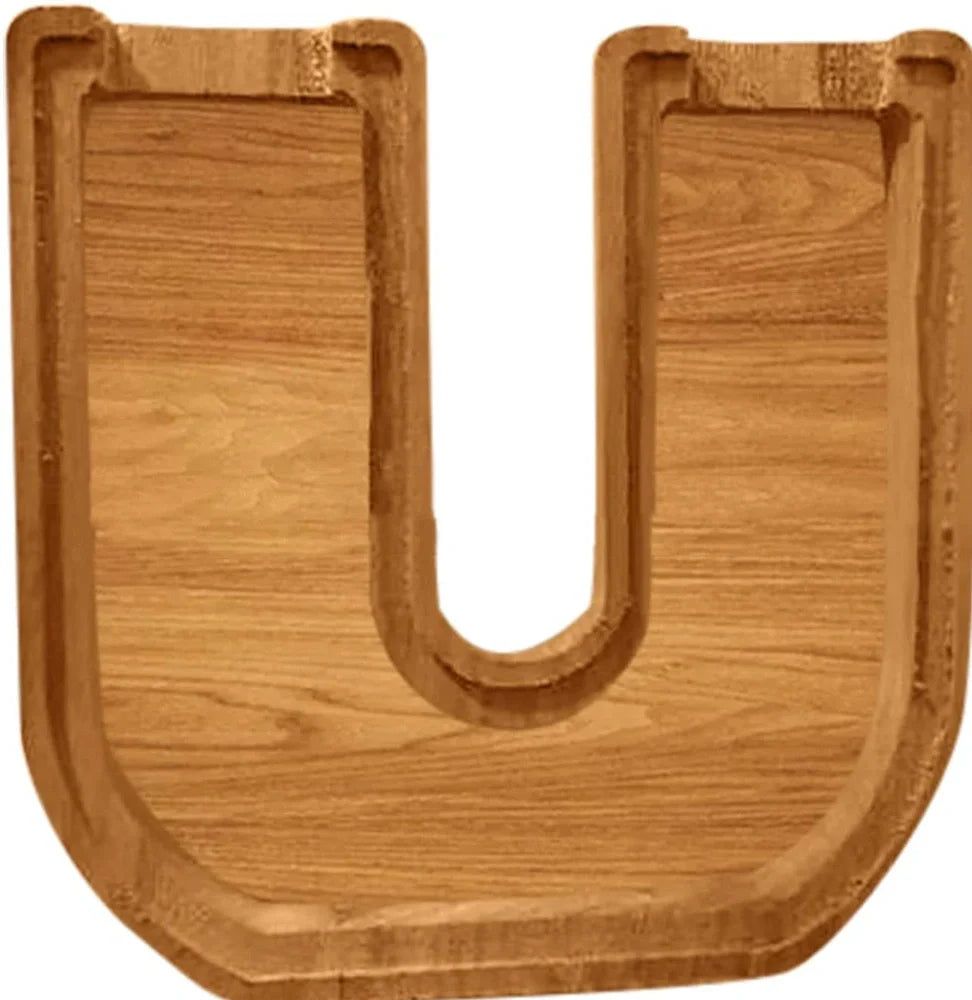 Handmade wooden letter piggy bank with personalised initial, showing 15cm height and 5cm coin slot for UK coins