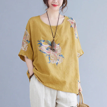 Korean Cotton Hemp Summer Top in yellow and orange with loose fit