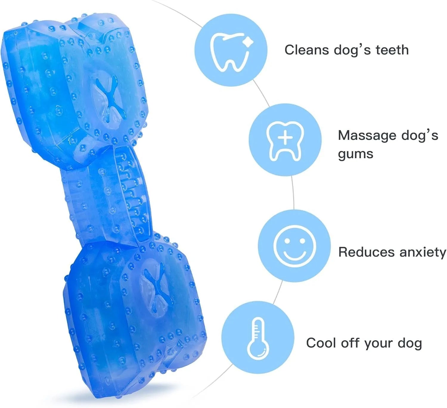 Blue bone-shaped dog teething toy with cooling function and treat compartment for puppies