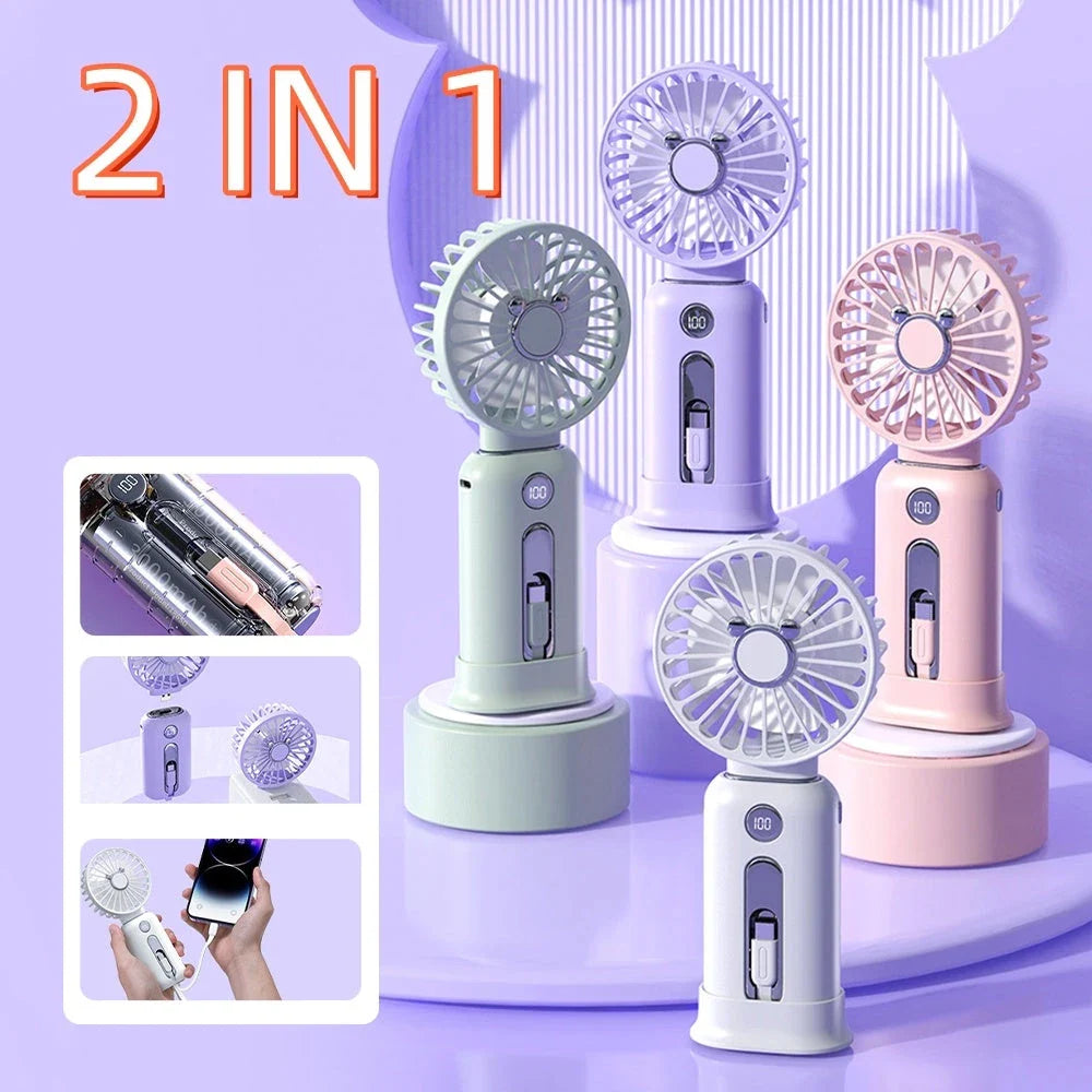 2-in-1 Handheld Fan with Power Bank - Adjustable 3-speed wind settings, compact design, and USB charging capabilities for a versatile cooling and power solution