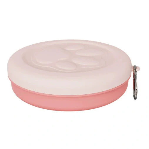 Collapsible dog food bowl showing expanded and folded positions with leak-proof silicone base