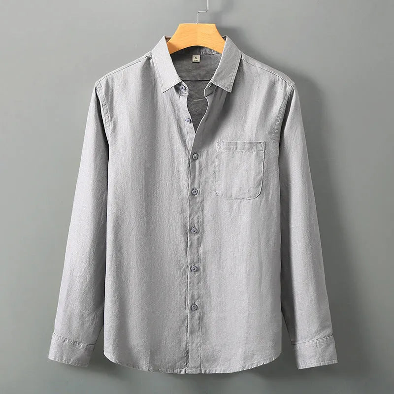 Long sleeve linen cardigan in a Chinese style, shown in a solid colour on a model.