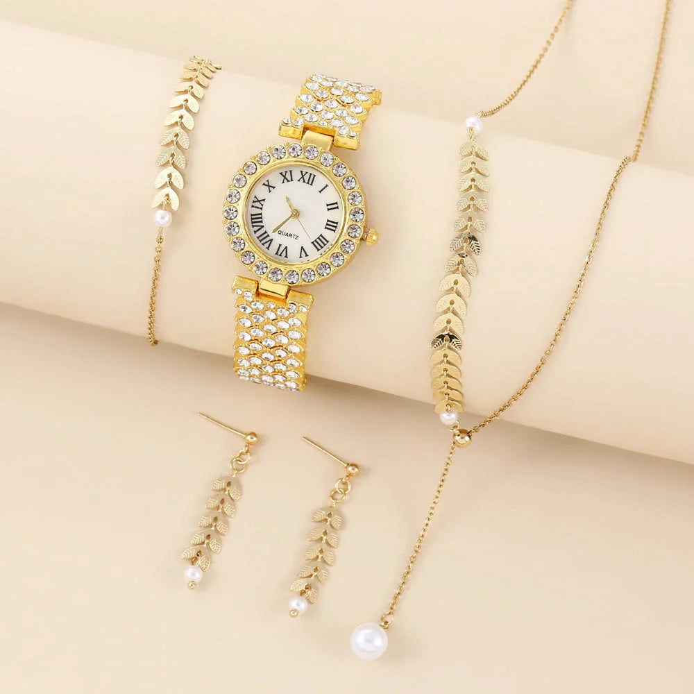 Luxury rhinestone quartz bracelet watch set for women in golden, silver, and rose gold options