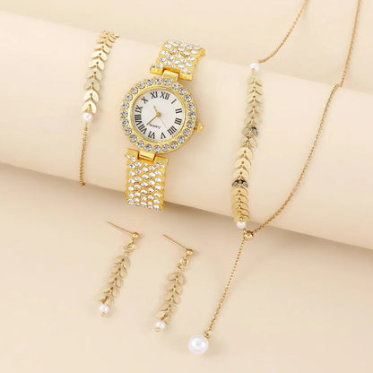 Luxury rhinestone quartz bracelet watch set for women in golden, silver, and rose gold options