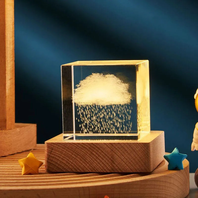 3D crystal cube night lamp showing transparent glass with internal engraving and warm light illumination