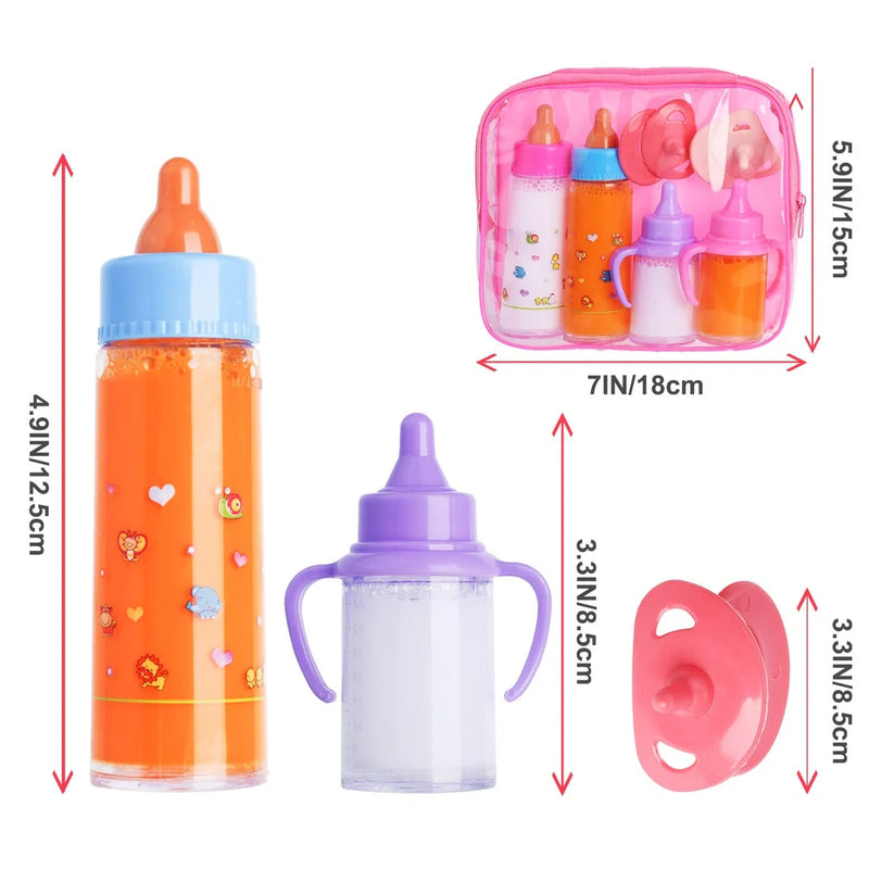 My Baby Doll Magic Bottle Doll Feeding Suit 6-Piece Set with 2 Milk and Juice Bottles and Hand Bag: 18cm doll feeding accessory set for children aged 4-6 years old
