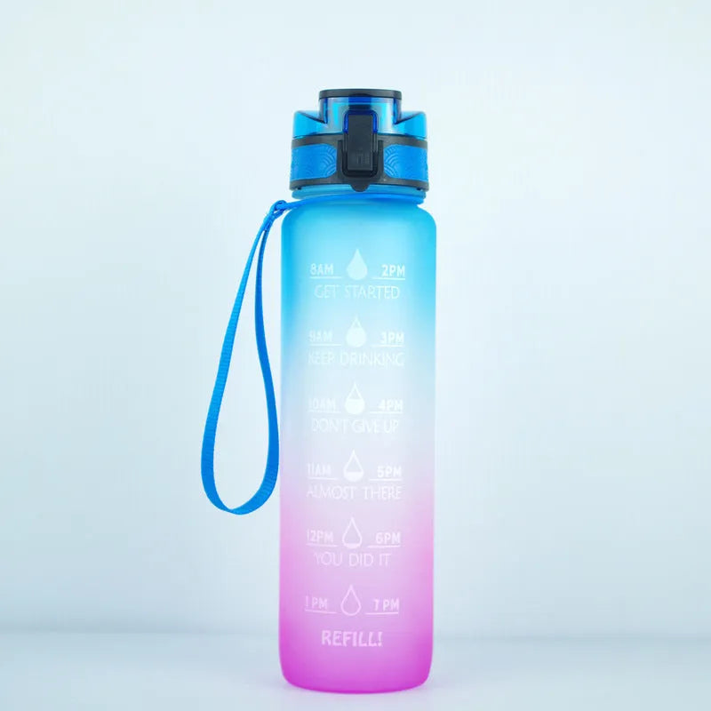 Transparent 1000ml Tritan sports water bottle with infuser on a plain background