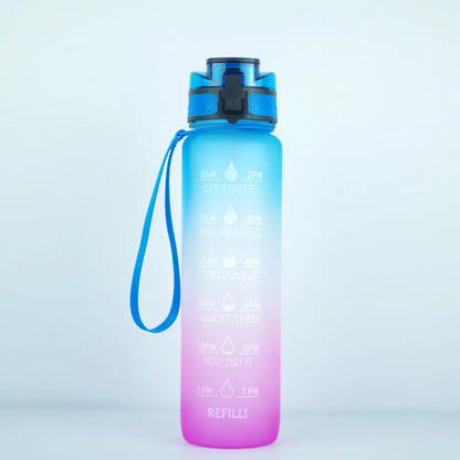 Transparent 1000ml Tritan sports water bottle with infuser on a plain background