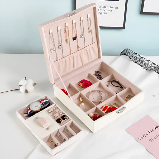 Red or white PU jewellery storage box with multiple compartments for necklaces and rings