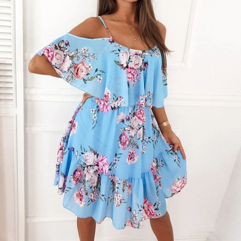 Women's flower printed ruffled suspender dress with off-the-shoulder strap in various colors