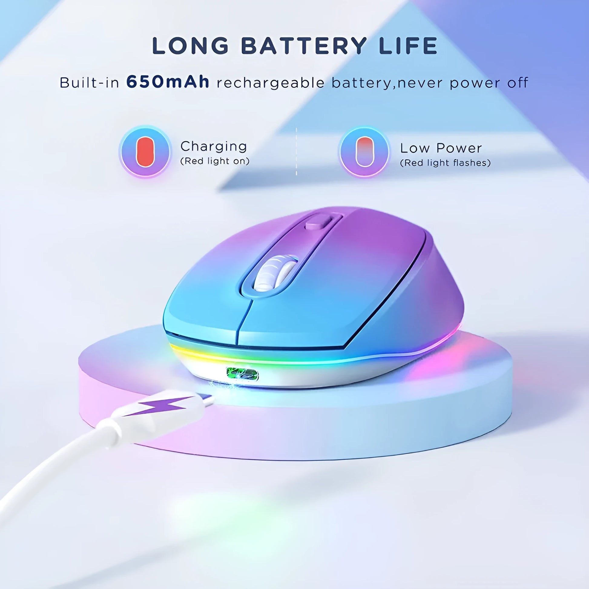 Wireless ergonomic mouse in multiple colours showing compact design with USB charging cable