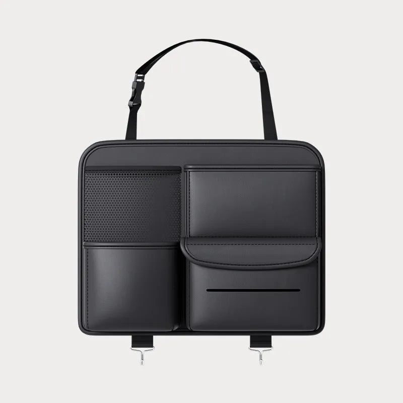 Black leather car seat back storage hanging bag organiser with handle