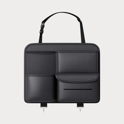 Black leather car seat back storage hanging bag organiser with handle