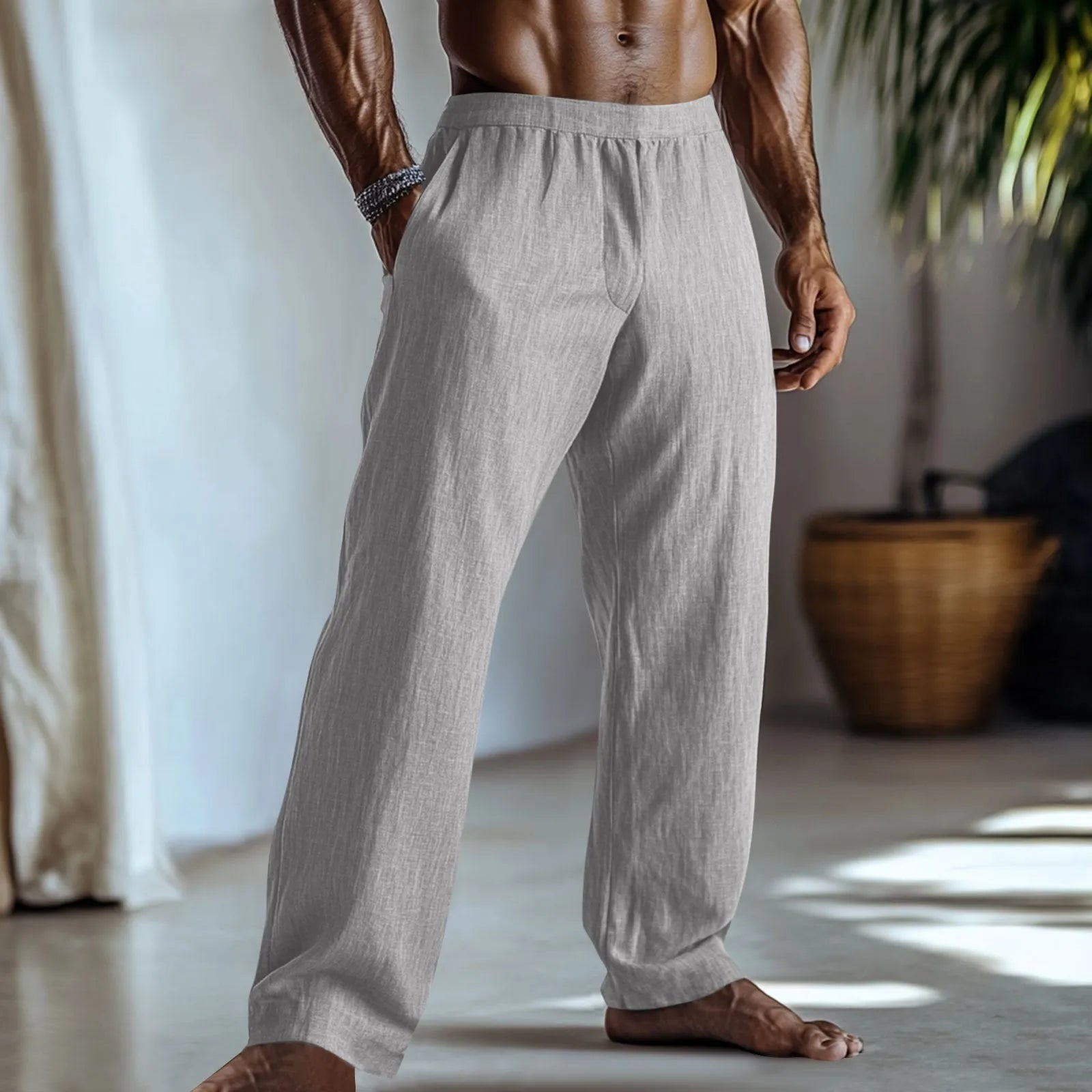Straight-leg casual trousers in a cotton linen blend fabric shown in a solid colour.