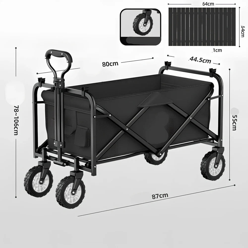 Foldable black camping cart with 600kg capacity showing expanded and collapsed dimensions
