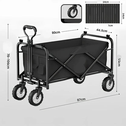 Foldable black camping cart with 600kg capacity showing expanded and collapsed dimensions