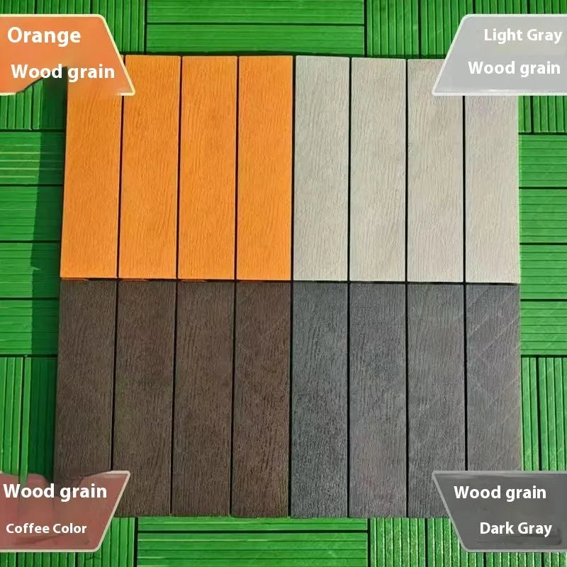 Plastic floor tiles with wood grain pattern showing 300x300mm dimensions and 23mm thickness profile