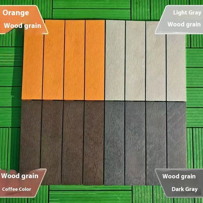 Plastic floor tiles with wood grain pattern showing 300x300mm dimensions and 23mm thickness profile
