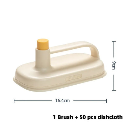 Disposable magic cleaning brush with plastic handle, storage box, and 50 white non-woven rag refills.