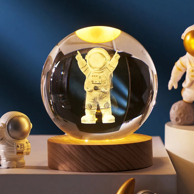 Crystal ball night light projecting 3D starry sky and planets with solid wood base