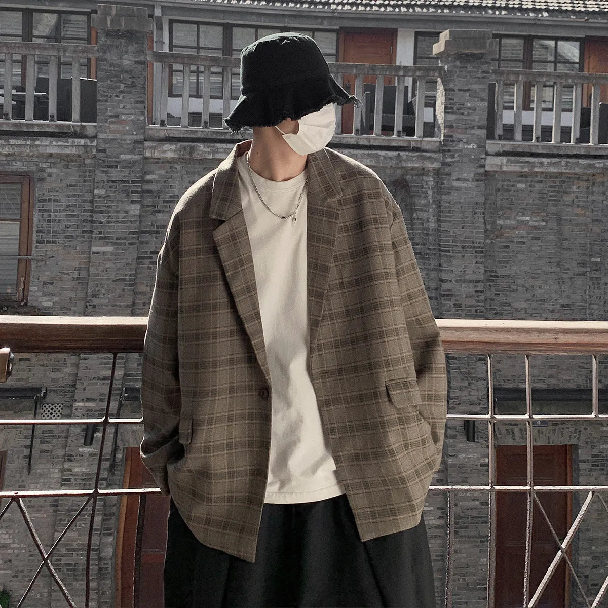 Men's retro plaid loose jacket in acetate fibre, sizes M to 4XL, casual outerwear