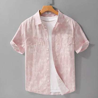 Men's grey white pure cotton short sleeve cardigan with a loose fit and printed pattern.