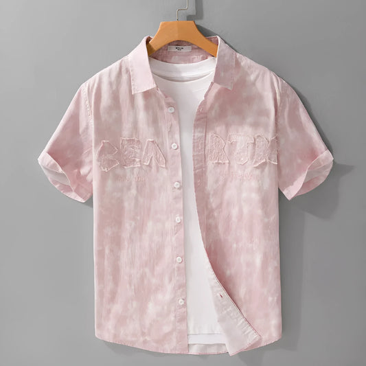 Men's grey white pure cotton short sleeve cardigan with a loose fit and printed pattern.