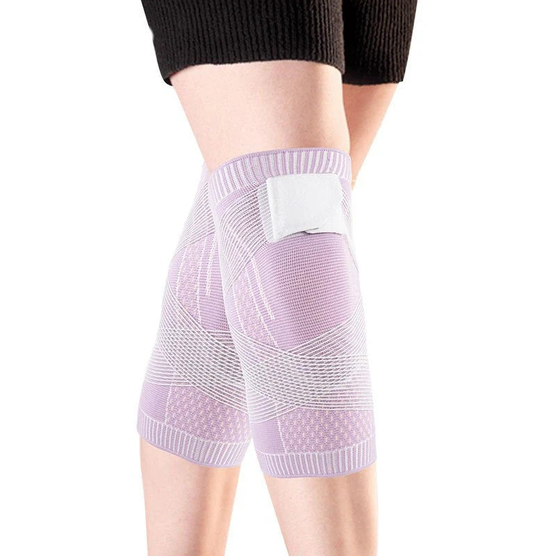 Nylon sports knee pads with adjustable strap in pink, blue, black, and dark green colors
